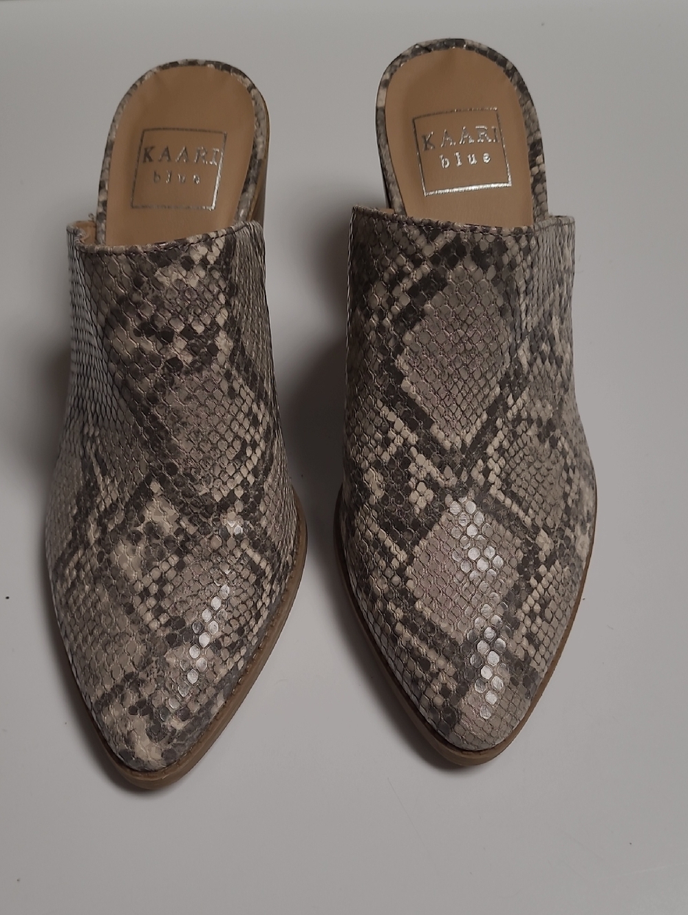 Kaari Blue Snake-Print Pointed Slip-On Mules in Beige and Gray - Size 7